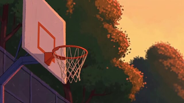 Basketball dunk into hoop Athlete Team Sports Competition Gym Court Ball Game Score Action Exercise Training Cartoon Illustration