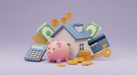 Piggy bank and house with money and coins