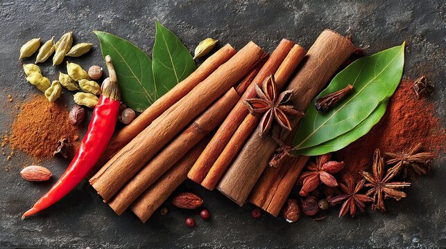 cinnamon sticks, star anise, cardamom, nutmeg, cloves, red chili pepper, curry leaves