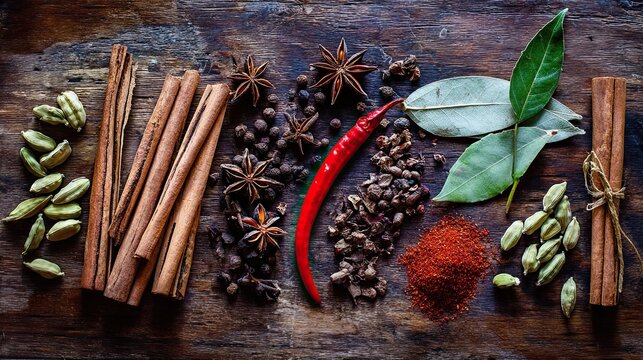 cinnamon sticks, star anise, cardamom, nutmeg, cloves, red chili pepper, curry leaves - Powered by Adobe