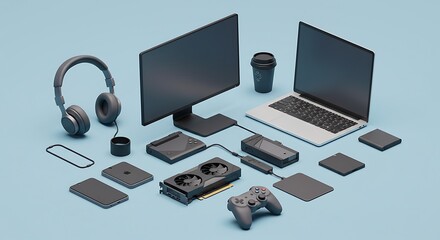 Collection of computer hardware and gaming accessories