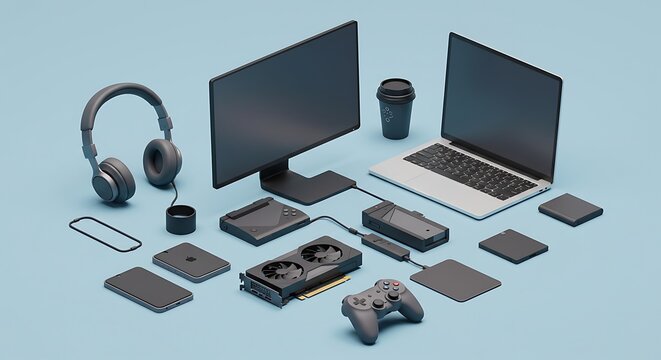 Collection of computer hardware and gaming accessories