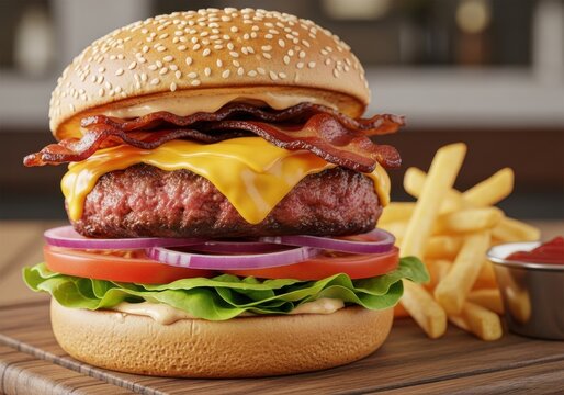 Delicious bacon cheeseburger with fries isolated on brown background