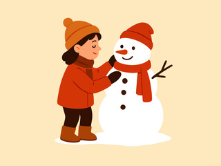 Cheerful Kid and Snowman Winter Vector Illustration