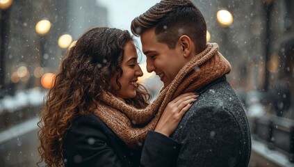 A couple embracing in the snow with a scarf and coats on a city street with blurred lights in the background