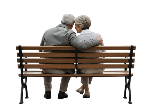Elderly couple embracing on a wooden park bench isolated on transparent background