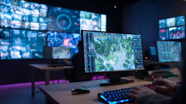 Gamer playing video game on computer with multiple screens in background