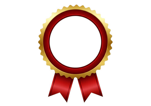 Ornate gold and red ribbon award seal with empty center isolated on transparent background