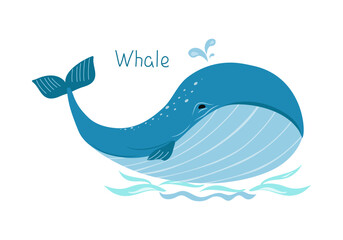 Cartoon whale in the water. Hand lettering. Marine animal, waves, aquatic world. Flat design illustration. World Aquatic Day. Whale Day. Poster with environmental typography.