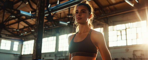 Young female athlete training in gym with visible muscle tension and warm backlight. Focus on discipline, energy, productivity, and active healthy lifestyle.