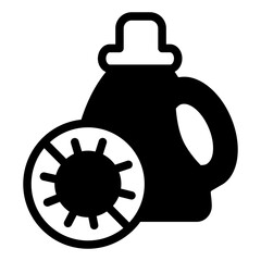 Detergent bottle with handle solid icon, antibacterial agent concept. Vector graphics. Bottle nd bacteria ban sign on white background, style icon mobile or web design.