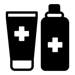 Antiseptic can and ointment tube solid icon, hygiene concept. Vector graphics. Agents with medical cross sign on white background, style icon mobile or web design.