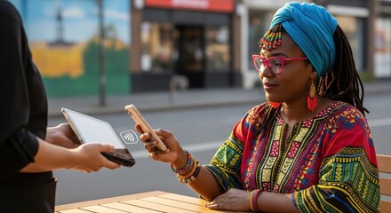 A woman pays with her smartphone at an outdoor cafe. A medium shot conveying convenience and modern payment. . Contactless payment, digital wallet, mobile transaction.