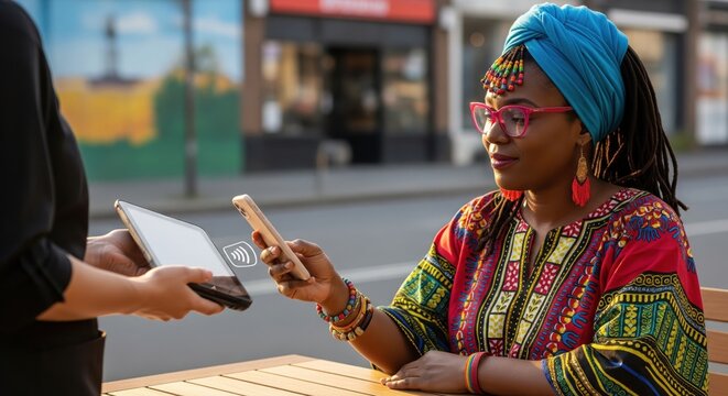 A woman pays with her smartphone at an outdoor cafe. A medium shot conveying convenience and modern payment. . Contactless payment, digital wallet, mobile transaction.