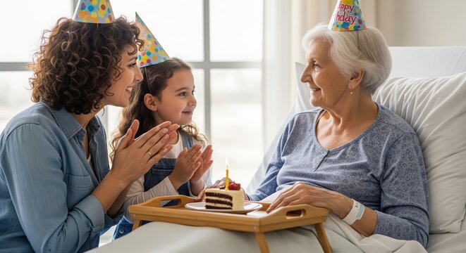 Elderly woman celebrates birthday in hospital bed with daughter and granddaughter. A heartwarming moment of family support and love. Compassionate care, intergenerational bond, medical recovery. - Powered by Adobe