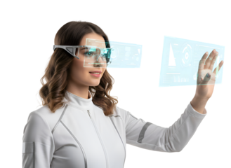 Woman Interacting with Futuristic Virtual Interface via AR Glasses on white background Isolated on Transparent Background