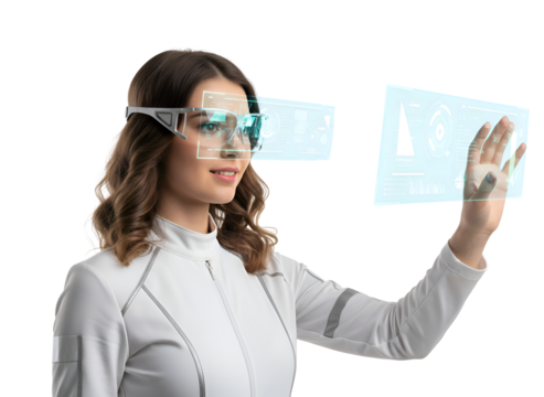 Woman Interacting with Futuristic Virtual Interface via AR Glasses on white background Isolated on Transparent Background