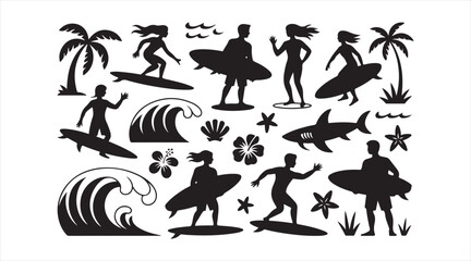 Fototapeta premium Collection of beach and surfboard silhouettes featuring active ocean sport scenes