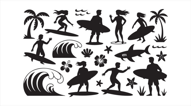 Collection of beach and surfboard silhouettes featuring active ocean sport scenes