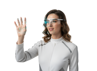 Woman Interacting Digital Interface with Smart Glasses on white background Isolated on Transparent Background