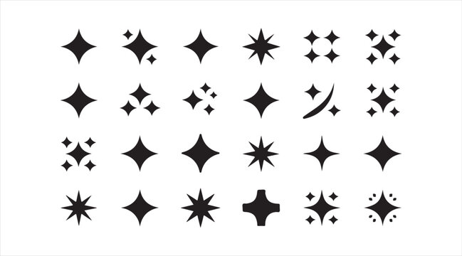 Collection of celestial sparkle symbols with varied luminous forms on white background