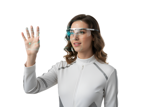 Woman Interacting Digital Interface with Smart Glasses on white background Isolated on Transparent Background