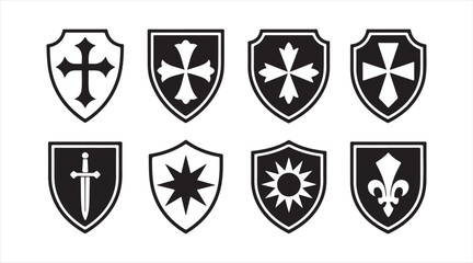 Black silhouette shields with various heraldic symbols for vintage and fantasy themes