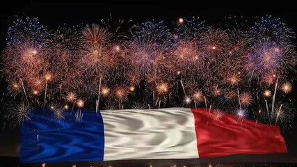 France Flag with Vibrant Fireworks Display Celebration. Patriotic French Pyrotechnics Spectacle. Bastille Day Fireworks Over French Flag.