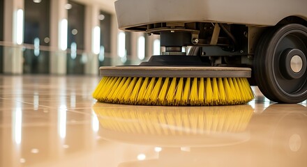 Floor cleaning machine in action, scrubbing and polishing a shiny surface