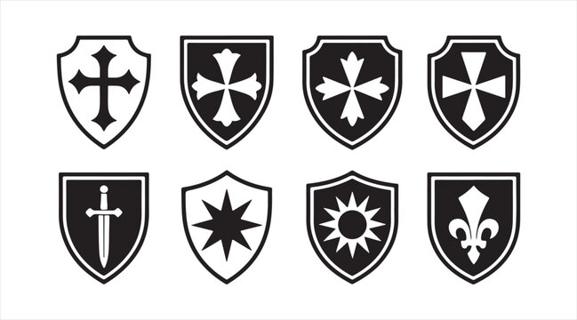 Black silhouette shields with various heraldic symbols for vintage and fantasy themes