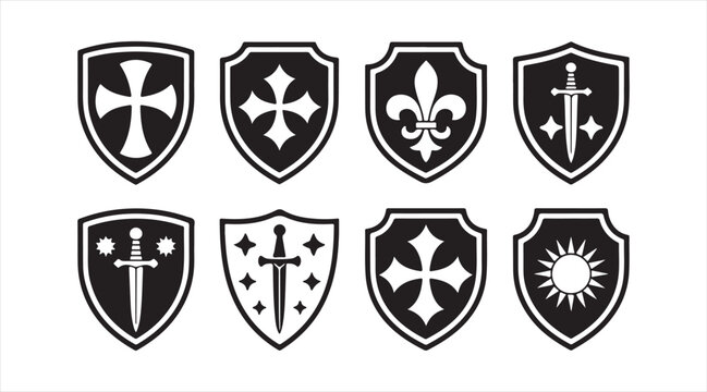 Medieval shield icon collection featuring classic protective symbols and decorative badges