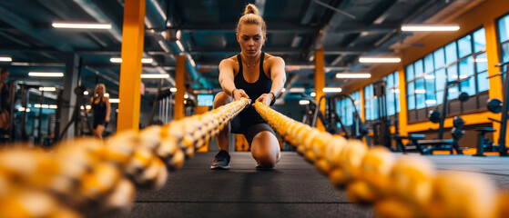 Fit woman exercising with battle ropes in gym. Intense crossfit workout, strength and power training, dynamic female fitness scene with natural light and energy.