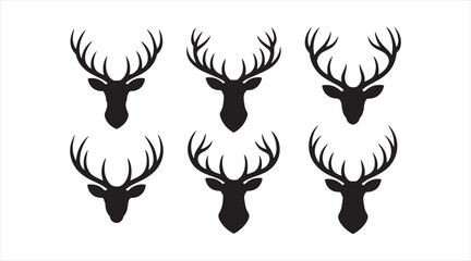 Black deer head silhouettes with intricate antler designs for wildlife and rustic themes