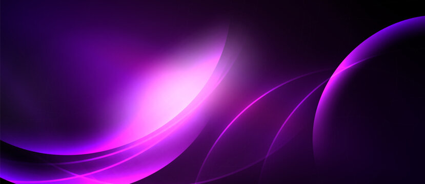 Abstract purple waves, bright center glow. Smooth gradients create dynamic visual effect. Dark background emphasizes luminosity.
