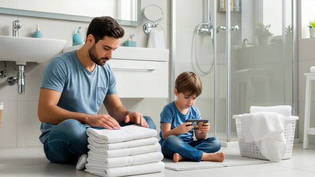 Father folding towels while his son plays on a smartphone in the bathroom