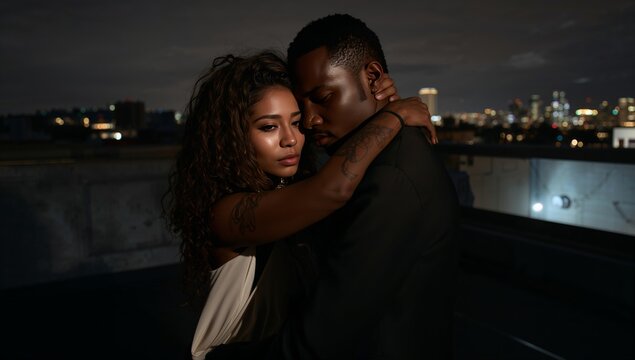 Romantic Night Embrace on a Rooftop With City Skyline in the Background