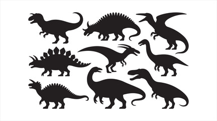 Variety of dinosaur shapes in bold black silhouettes for graphic use