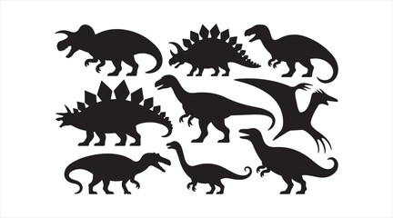 Black dinosaur silhouette set featuring multiple prehistoric species isolated on white