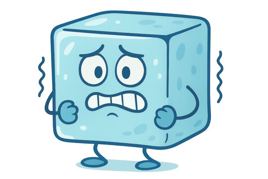 Cute cartoon ice cube character trembling and getting goosebumps from the cold, showing a scared or nervous expression