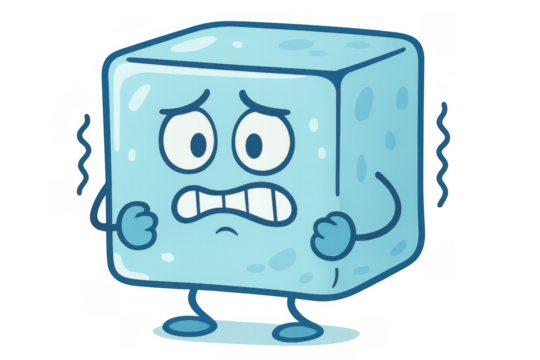 Cute cartoon ice cube character trembling and getting goosebumps from the cold, showing a scared or nervous expression