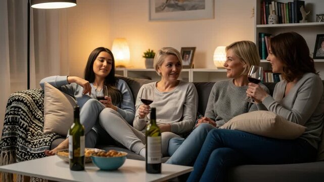 Four women enjoying wine and snacks while sitting on a couch in a living room