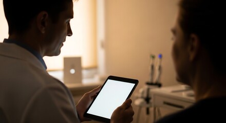 Doctor showing tablet to patient during consultation in clinic.