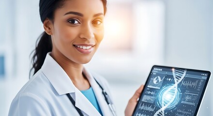 Diverse female doctor holding a digital tablet with medical data, symbolizing innovation in healthcare