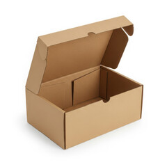 Empty open brown corrugated cardboard shipping box on white