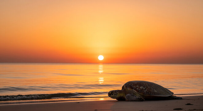 turtles on the beach at sunset