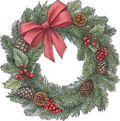 Christmas wreath decoration with red ribbon, holly berries, pine branches, and winter holiday illustration vector