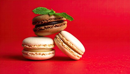 Colorful macaroons isolated on red background