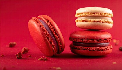 Colorful macaroons isolated on red background