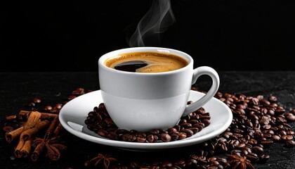 Fototapeta premium Cup of coffee with beans on a black background