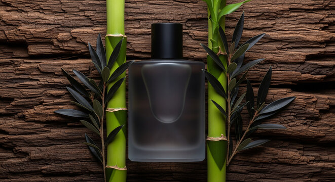 a bottle of men's perfume made of frosted dark glass on a background of wood with bamboo elements and twigs with dark leaves